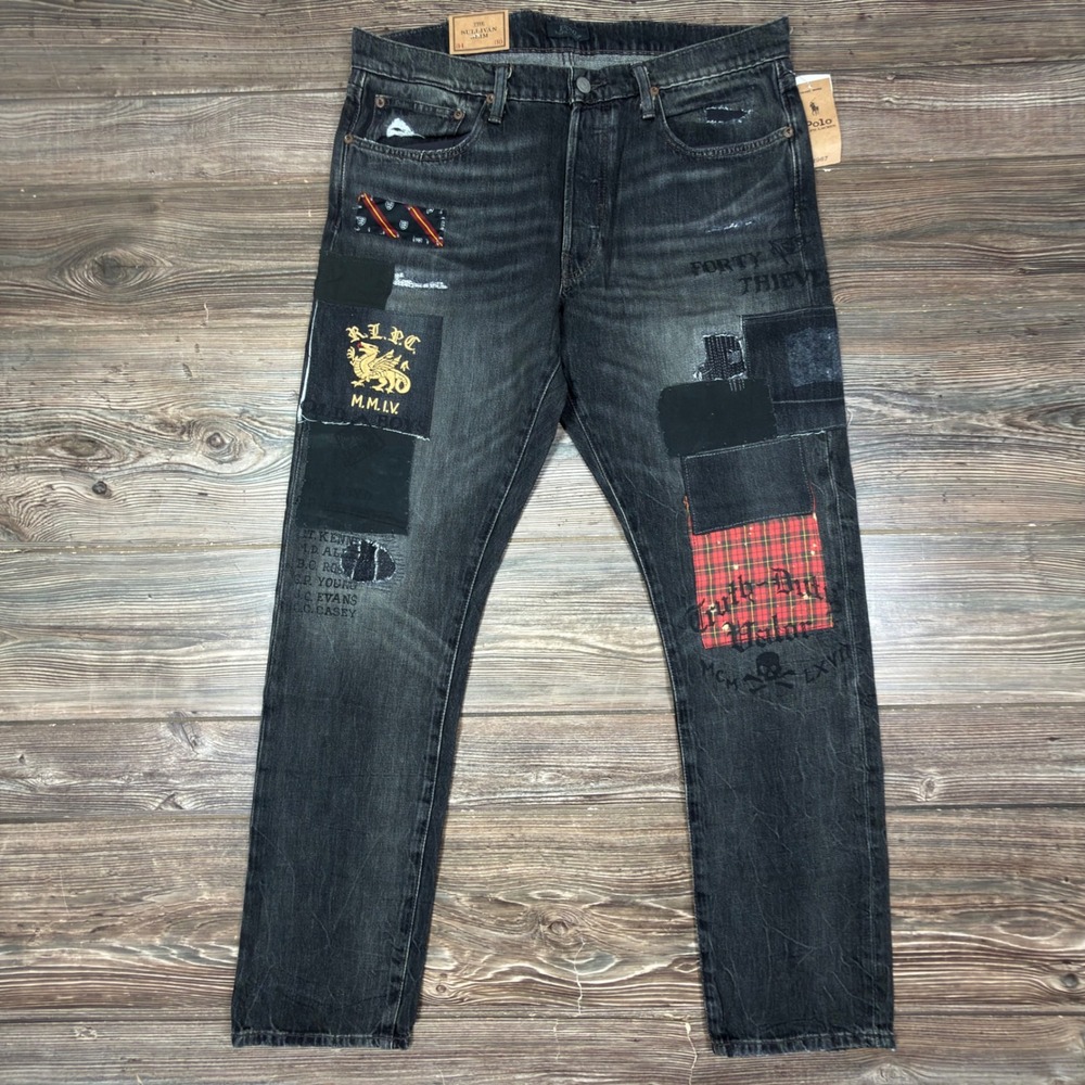 Polo Ralph Lauren Mens 34x30 Sullivan Slim Jeans Black Patchwork Distressed NWT